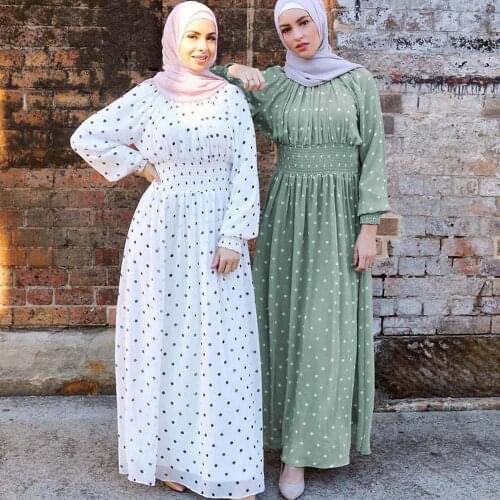 Women Polka Dot Long Dress Muslim Abaya Dubai Kaftan Turkey Caftan Islamic Clothing Party Gown Arabic Robe Ramadan Eid Abayas