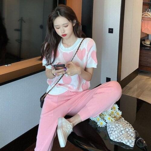 Women New 2021 Summer Love Printed Knitted 2 Piece Set Female Short Sleeve Sweater Tops+pants Suit Ladies Casual Tracksuit T25