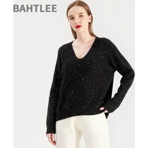 BAHTLEE Autumn Winter Womens Cashmere Pullovers Gold Wire Knitted Sweater V-Neck Looser Style Thick Keep Warm