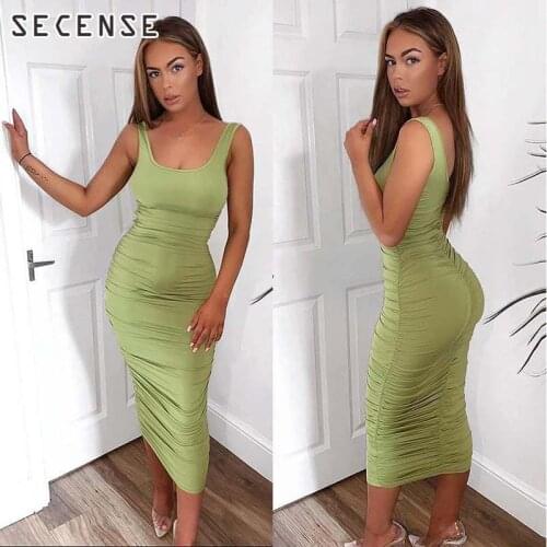 Ruched Sleeveless Slim-Fit Pleated Midi Dress For Women Long Shirt Beach Bodycon Sexy Club Streetwear Casual Summer 2021 SECENSE