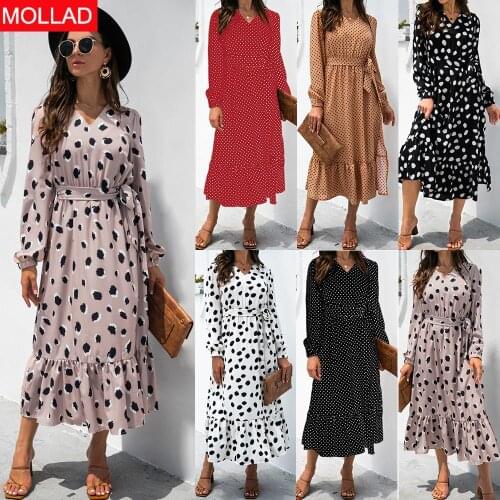 Fall 2021Sexy V-neck Dots Split Long Sleeve Dress Women Spring and Autumn Dresses