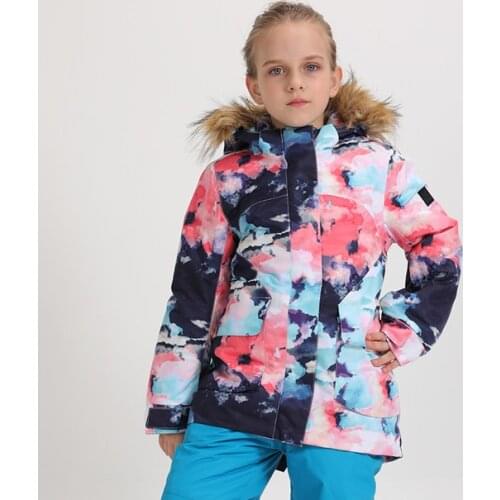 GSOU SNOW Kids Ski Jacket Snowboard Clothing Girls Jacket Windproof Waterproof Fur Hooded Winter Coat Outdoor Sport Wear Warm