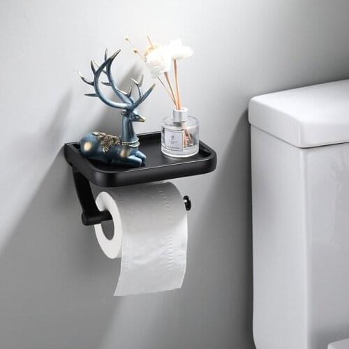 1PCS Aluminum Toilet Paper Holder Wall Mounted WC Toilet Roll Phone Storage Shelf Black Towel Rack Bathroom Hardware Accessories