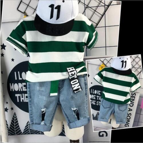 Kids Clothing Sets Fashion Style Baby Clothing Sets Short sleeved striped T-shirt + denim shorts 2Pcs Children Clothing 2-7year