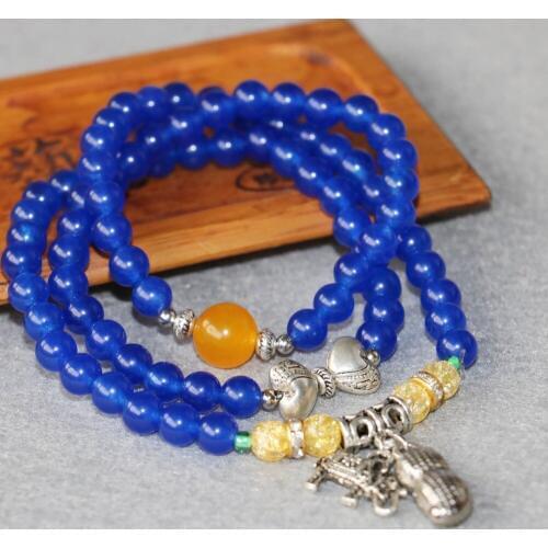 6mm Blue Chalcedony Bracelet Peanut Elephant Pendant Crystal Jewelry Hand Made Bracelet Multilayer Chain Necklace Natural Stone