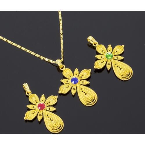 Ethiopian Color Stone Cross Pendant Necklace Gold 50cm Chain Eritrea Women Wedding Gift Jewelry Africa Crosses /Arabia Item