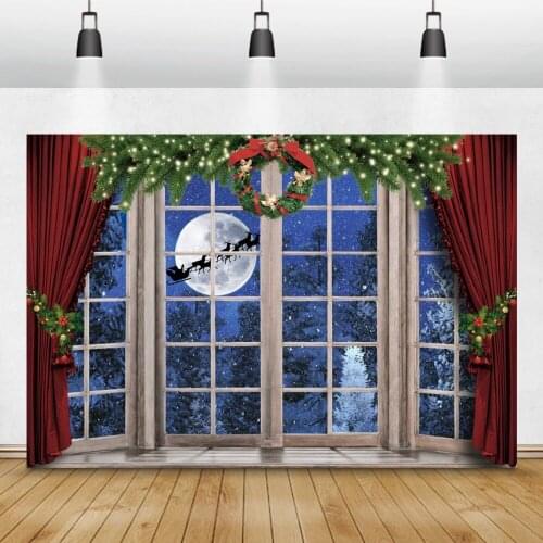 Christmas Wreath French Window Night View Pine Forest Baby Newborn Portrait Photograph Backdrop Red Curtain Photocall Background
