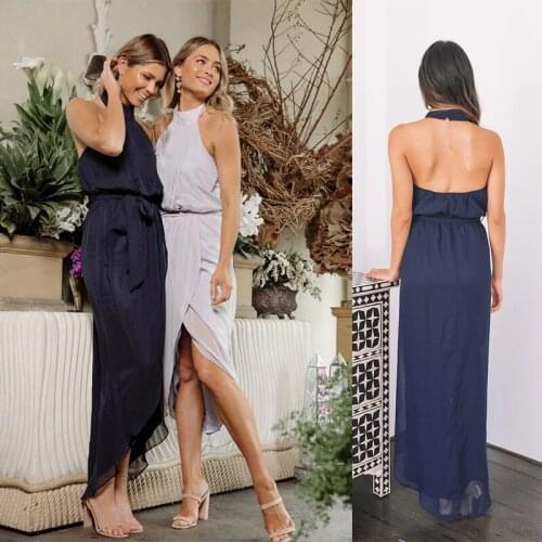 Custom Made Halter Silver Chiffon Navy Tea Length Halter Slit Front Bridesmaid Dresses 2021