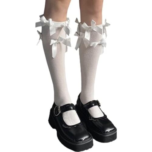 K3NF Women Girls Lolita Elegant Knee High Socks Japanese College Style Kawaii Student Sweet Multi Satin Bowknot Black White Long