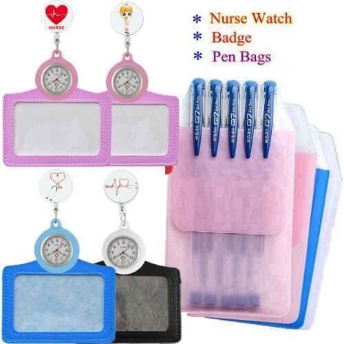 New nurse doctor Glass Cabochon Stethoscope pocket watches Clip Retractable Reel ID Badge Name Holder pen bags gift watches