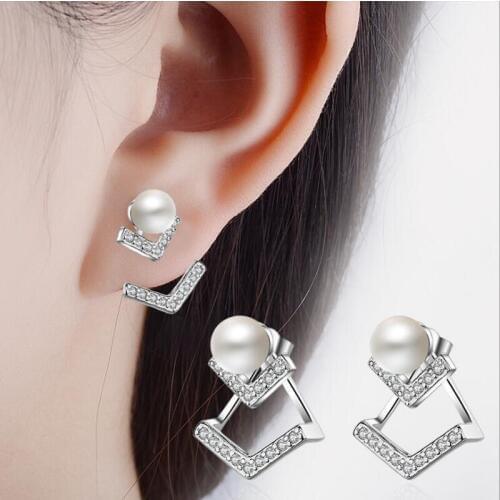 KOFSAC New Fashion Pure Silver 925 Earring Full Inlay CZ V Shape Pearl Dual Use Earrings For Women Valentines Day Jewelry Gifts