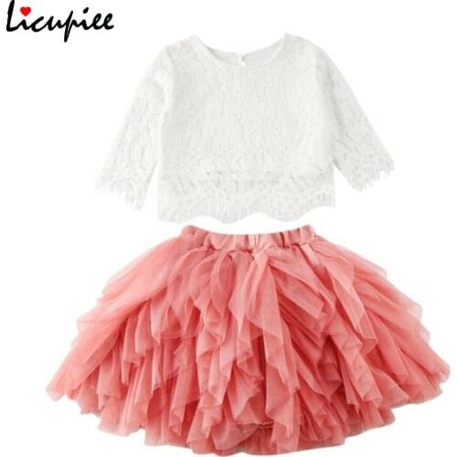 Licupiee Baby Girl Toddler Kids Baby Girls Clothes Tops T-shirt Lace Tutu Skirt Dress Outfit Set 1-6 Years
