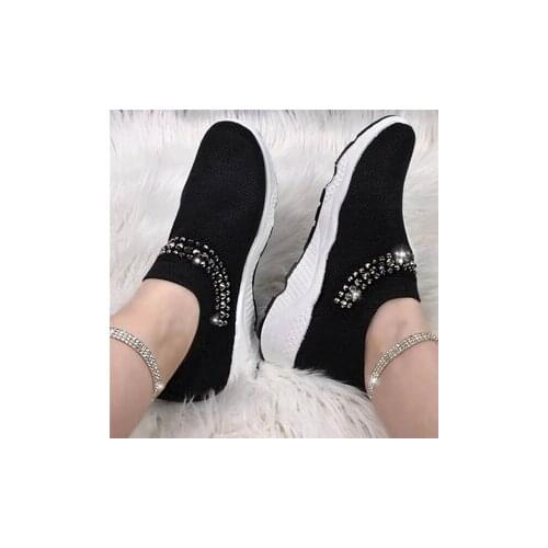 Women Sock Shoes Crystal Sneakers Fashion Flat Slip on Casual Shoes Knitted Vulcanize Flat Shoes Walking Shoes Mesh Sandals