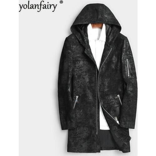 Mens Genuine Leather Jacket Hooded 100% Goatskin Coat Mens Print Leather Jackets Windbreaker Chaqueta Cuero Hombre 8801 YY443