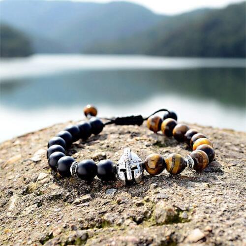 DOUVEI 2019 Charm Men Roman Knight Spartan Warrior Gladiator Helmet Bracelet Tiger Eye Stone Yoga Braided Bracelet DropShipping