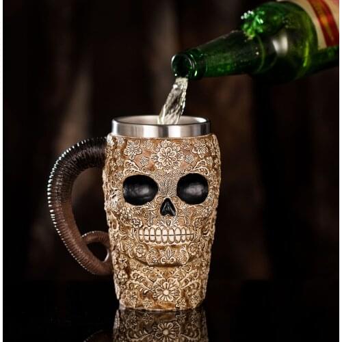 New pattern skull Shofar Water cup Resin skull stainless steel liner 3D Personalized beer decoration mug Home Bar Crafts 450ml