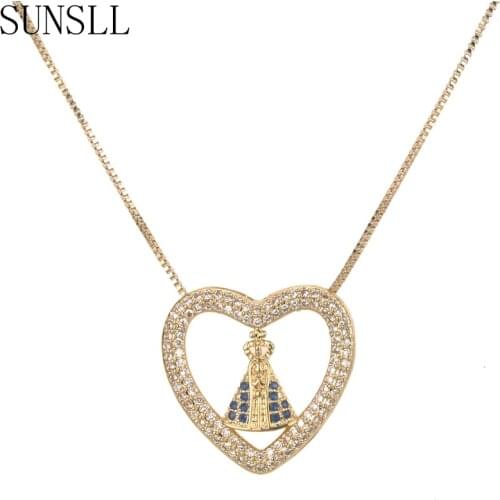 SUNSLL New Arrival Golden Copper White AAA Cubic Zirconia Heart Shaped Religious Pendant Necklace Jewelry Gift Anniversary