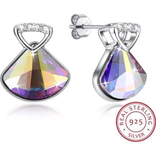 Fine Jewelry Made with Lekani Crystal Stud Earrings Real S925 Sterling Silver Geometric Blue Shell Earrings for Women Gift