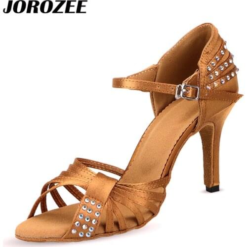 JOROZEE Rhinestones Latin Dance Shoes Women Bronze Satin Salsa Squre Ballroom Dancing Shoes High Cuba heel 8.5cm Soft Outsole