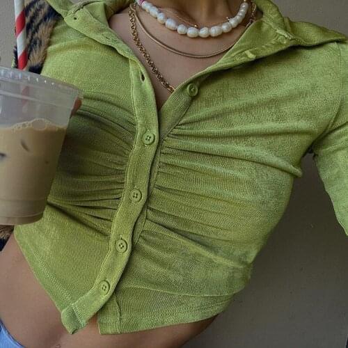 Single Breasted Turn-Down Collar Green Casual Crop Top And Blouses Autumn Button Up Long Sleeve CropTops Cropped Blouse Cardigan