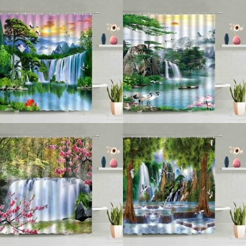 Waterfall Scenery Shower Curtain Green Forest Plants Flowers Lotus Mountain Bird Deer Natural Landscape Bathtub Screen Washable