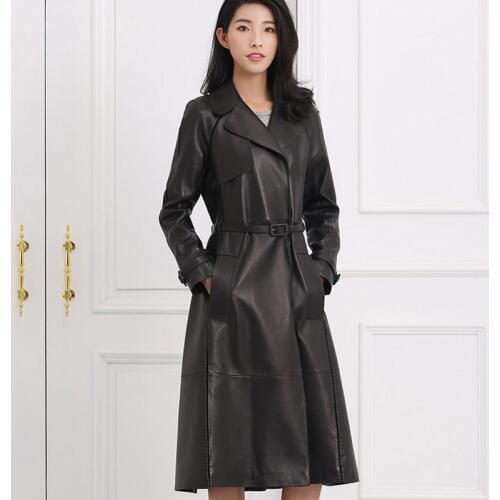Winter Women Leather Windbreaker Trench Long Coat Military Belted Sheepskin Genuine Leather Jacket Office Lady Elegant Overcoat