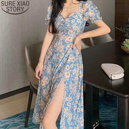 2021 Summer Sexy Dress Women Korean Elegant A-line Party Ladies Midi Dresses Retro Vestido Temperament Bubble Sleeve Dress 14948