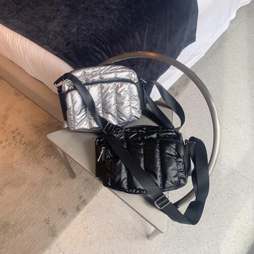 Winter Luxury Space Cotton Shoulder Bags for Women Casual Waterproof Messenger Bag Wide Strap Fluffy Leather Nylon Purse 2021