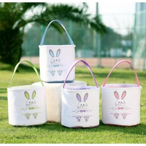 13styles Easter Basket Canvas Rabbit Buckets Lace Easter Bunny Bags Baskets Kids Candy Gift Tote Handbags Egg Hunt Storage Bag#8