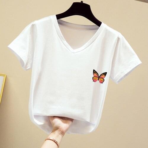 2020 Vintage Butterfly T Shirt Short Sleeve Top 2019 V-neck Printed T-shirt Summer Literary Fresh Clothes Aesthetic Basic Tee