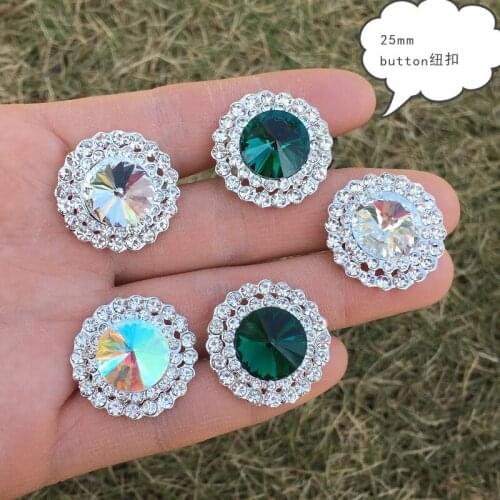 25mm round glass crystal shank button for garments sewing peacock green AB rhinestone metal decorative button for clothes