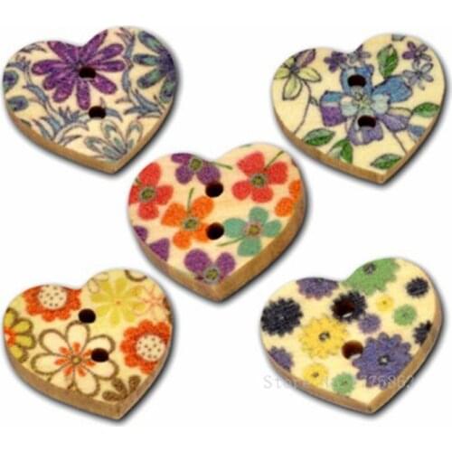 50Pcs 18x15mm Multicolour Flower Print 2 Holes Heart Wooden Buttons for Sewing Scrapbooking Embelishments Crafts 7NK26