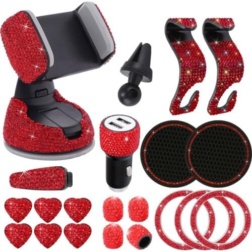 21PCS Bling Car Accessories for Women Rhinestone Kit Dual USB Car Charger Phone Mount Tire Valve Cap Glass Cup Pad Backseat Hook