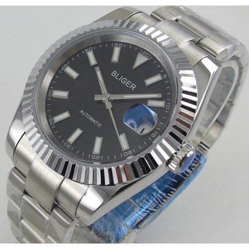 BLIGER 36mm Date Just Black Automatic Men Watch Fluted Bezel 21 Jewels MIYOTA 8215 Movement Brushed Strap Sapphire Crystal