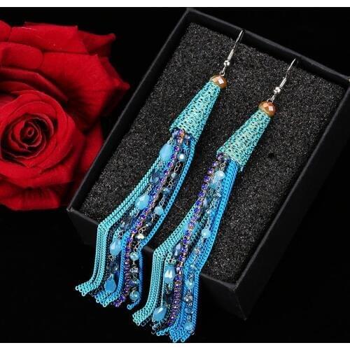 Bohemian Brand Temperament Exaggerated Chain Tassel Earrings Water Drop Crystal Long Earrings Beach Jewelry Women Accessories