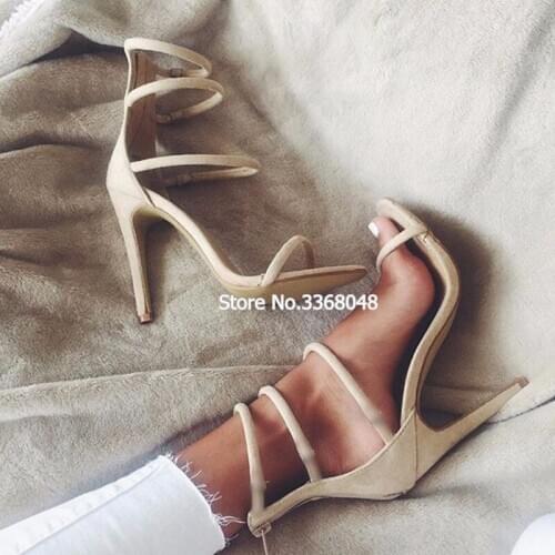 Summer Apricot Sandals Charming Multi-Buckles Design Woman High Heels Ankle Buckles Cover Heel Back Zipper Shoes