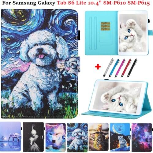 Cartoon Painted PU Leather Funda For Samsung Galaxy Tab S6 Lite Case P610 P615 Wallet Stand For Galaxy Tab S6 Lite Tablet +Gift