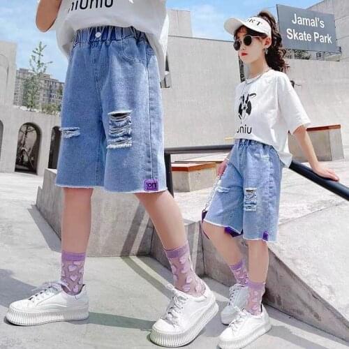 2021Summer Girls Blue Ripped Denim Short Jeans Kids Elastic Waist Shorts Pants Teenager Casual Short Pants 5 7 8 9 11 12 14Years