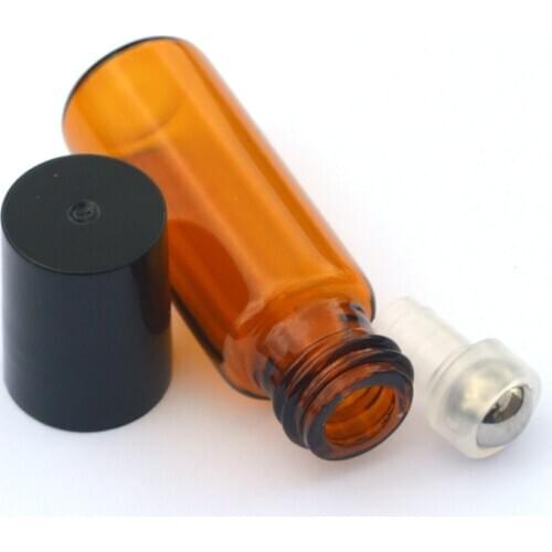 Hot 5ml Perfume Essential Oil Roll Glass Bottle Refillable Empty Amber Roll-On Bottle Black Plastic Cap 10pcs
