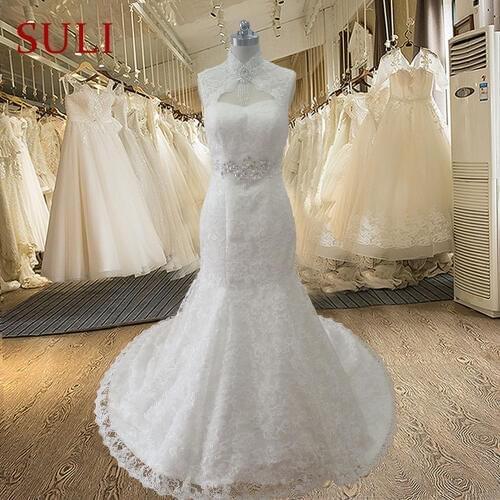 HW101 Sleeveless Lace Up Mermaid Beads Crystal Formal Bridal Wedding Dresses