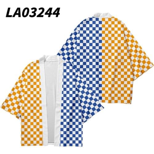 Checkerboard Plaid Printed Splicing Kimono Cardigan Men Japanese Traditional Casual Loose Coat Pants Set Asian Clothes Harajuku