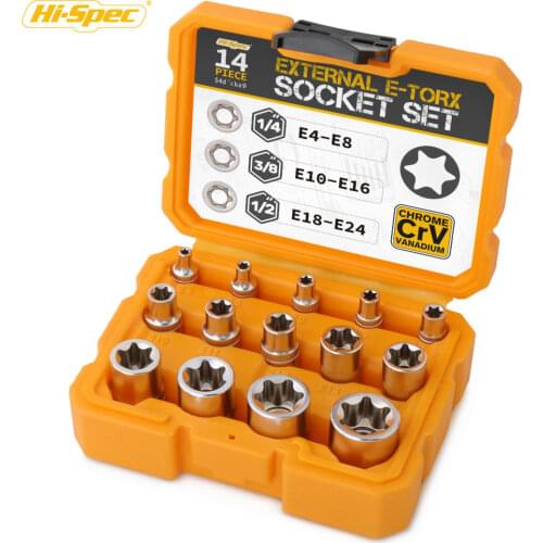 Hi-Spec 14 PC 1/4 3/8 1/2 Female E TORX Star Socket Set External Star Socket Set E4-E20 Torque Socket Set Auto Repair Tools