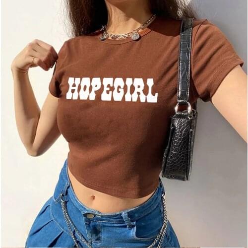 Womens Brown Round Neck Short Sleeve Crop Tops HOPEGIRL Letter Printed Slim T-Shirts Summer Casual Fitting Wild Shirt for Daily