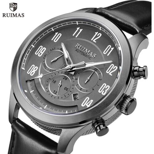 RUIMAS Mens Casual Mechanical Watches Luxury Top Brand Waterproof Automatic Watch Man Leather Strap Wristwatch Date Week 6785