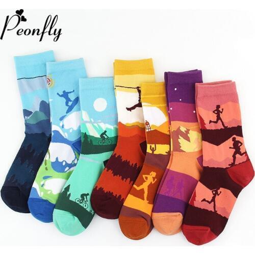 PEONFLY New Hip Hop Cotton Mens Socks Harajuku Happy Funny Outdoors Printed Dress Socks For Male Wedding Christmas Gift