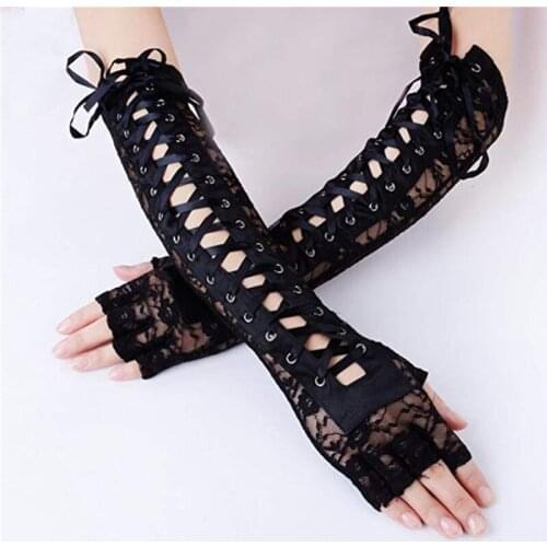 Sexy Lace Long Gloves Winter Elbow Length Half-finger Gloves Ribbon Fingerless Gloves Fishnet Mesh Bandage Party Mittens