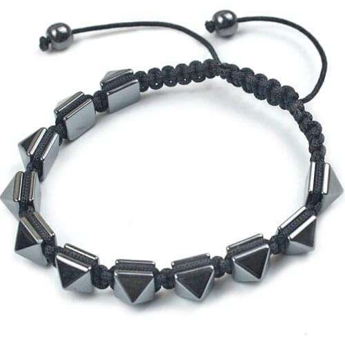 Luxury Fashion Beaded Bracelet Natural Stone Faceted Square Cone Black Gallstone Hematite Decoration Adjustable Bracelet