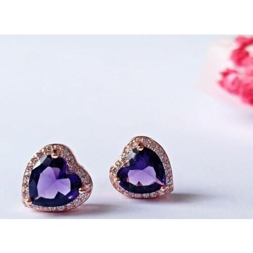 Rose Gold Color Love Heart Amethysts Crystal Stud Earrings for Women with Rhinestone Romantic Jewelry