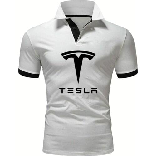 Summer Mens short sleeve Tesla car Logo Printing Fashion Casual POLO shirt Solid color Cotton High Quality Mens POLO shirt