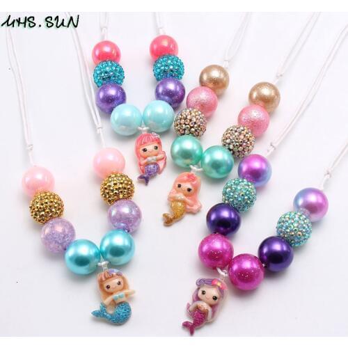 MHS.SUN Cute Mermaid Pendant Kids Girls Beads Necklace Bracelet Child Baby Adjustable Rope Necklace Chunky Jewelrt Set For Gift